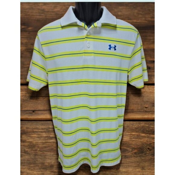 Under Armour Mens White Polo Small With Yellow & Blue Stripes - Picture 1 of 9